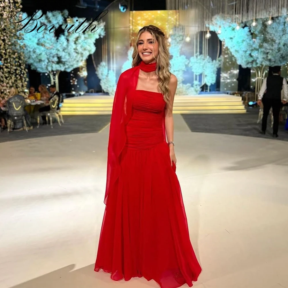 

Red Chiffon Evening Dress Customized Shawl Strapless A Line Floor Length Evening Gowns for Women 2025 Party Prom Dress