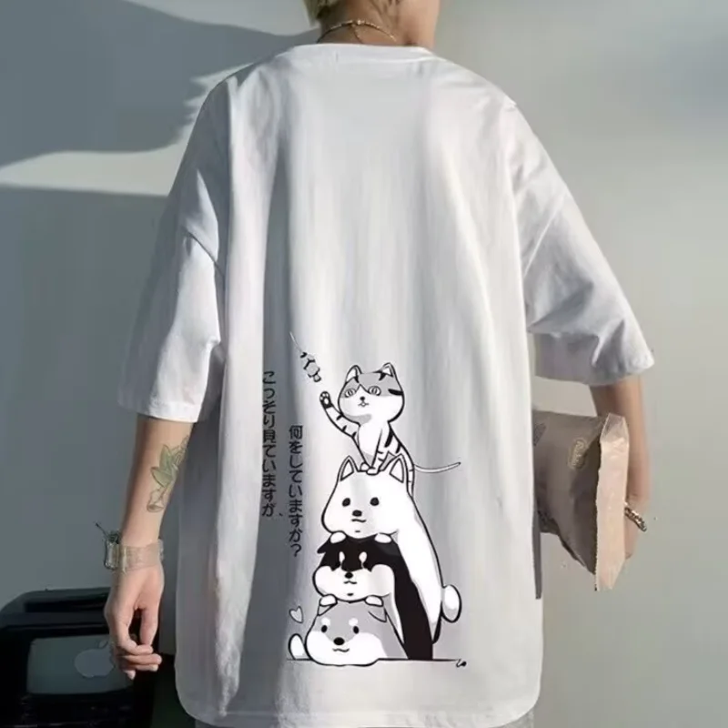 8XL Men T-shirt Pullover Extra Round Neck Kitten Stacking Printing Fashion T-shirt Extra Large Middle Sleeve Youth T-shirt