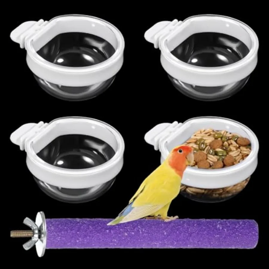 

4 Pack Bird Cage Feeder and Water Dispenser with Perch Clear Water Bowl and Food Container Feeding Drinking Bowl Seed Container