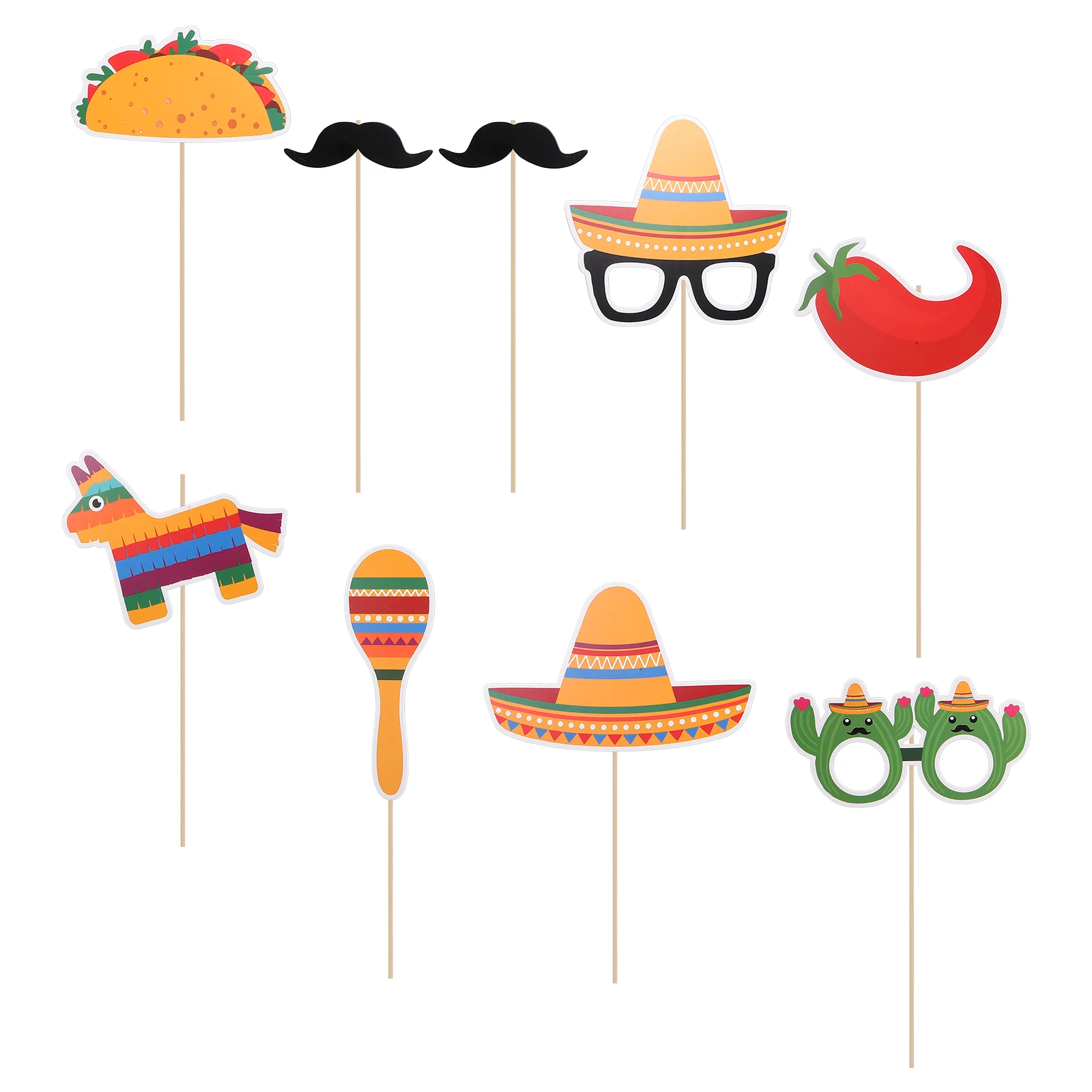 

9pcs Hat Beard Props Carnival Party Decorations Bright Colors Fiesta Photo Booth Accessories Handheld Ornaments Mexican Theme