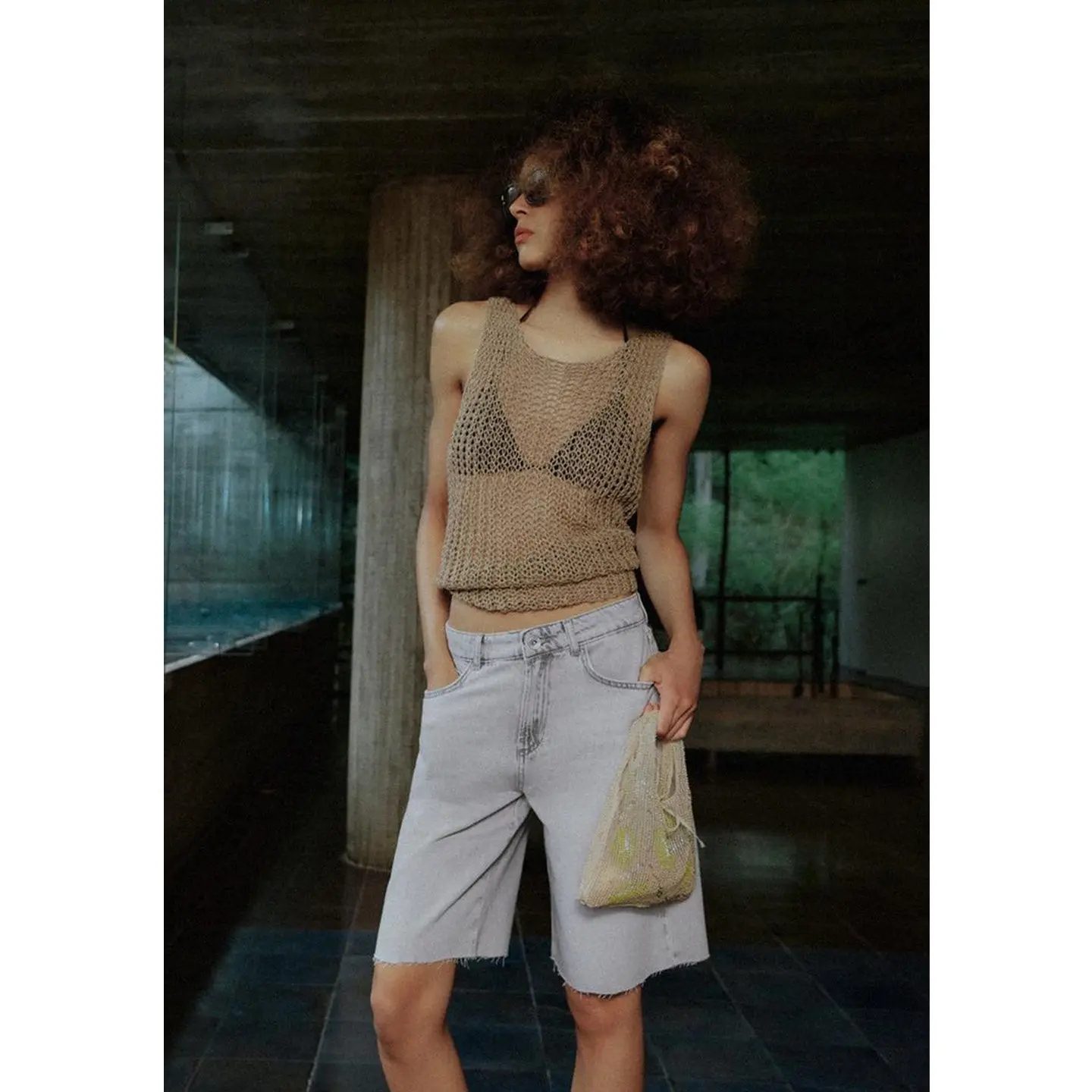 Spring Summer New Women's Long Denim Shorts Unsewn Hem Button Zipper Straight Leg mid Waist Minimalist Style Polyester Fiber