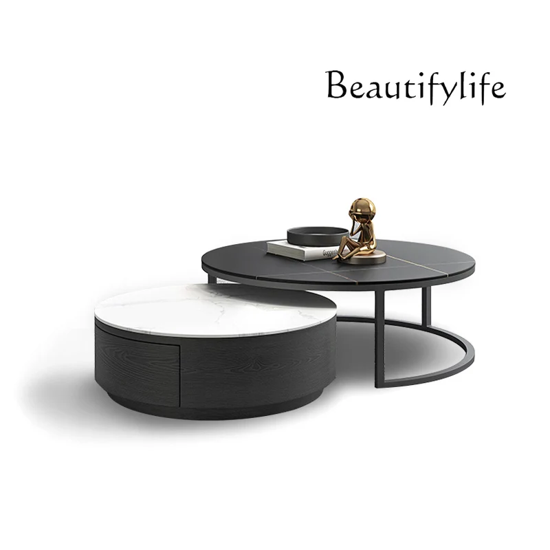 Italian Stone Plate Coffee Table TV Cabinet Combination Nordic Simple Modern round Storage Tea Table Black and White