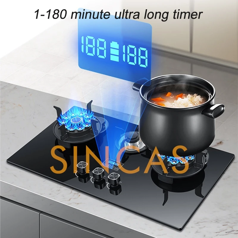 Kitchen Household 5.2KW Fierce Fire Three-burner Double-Sided Timing Gas Stove Desktop/Embedded Anti-oil Flip Cover Gas Stove