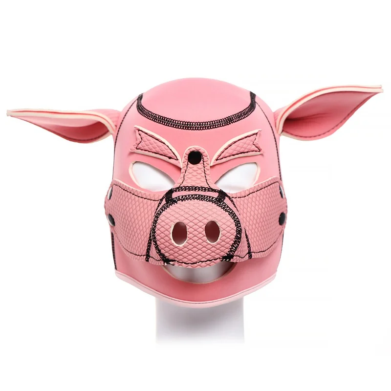 Adult game role-playing accessories 3D black pink rubber full head pig hood animal fetish role-playing bondage headband