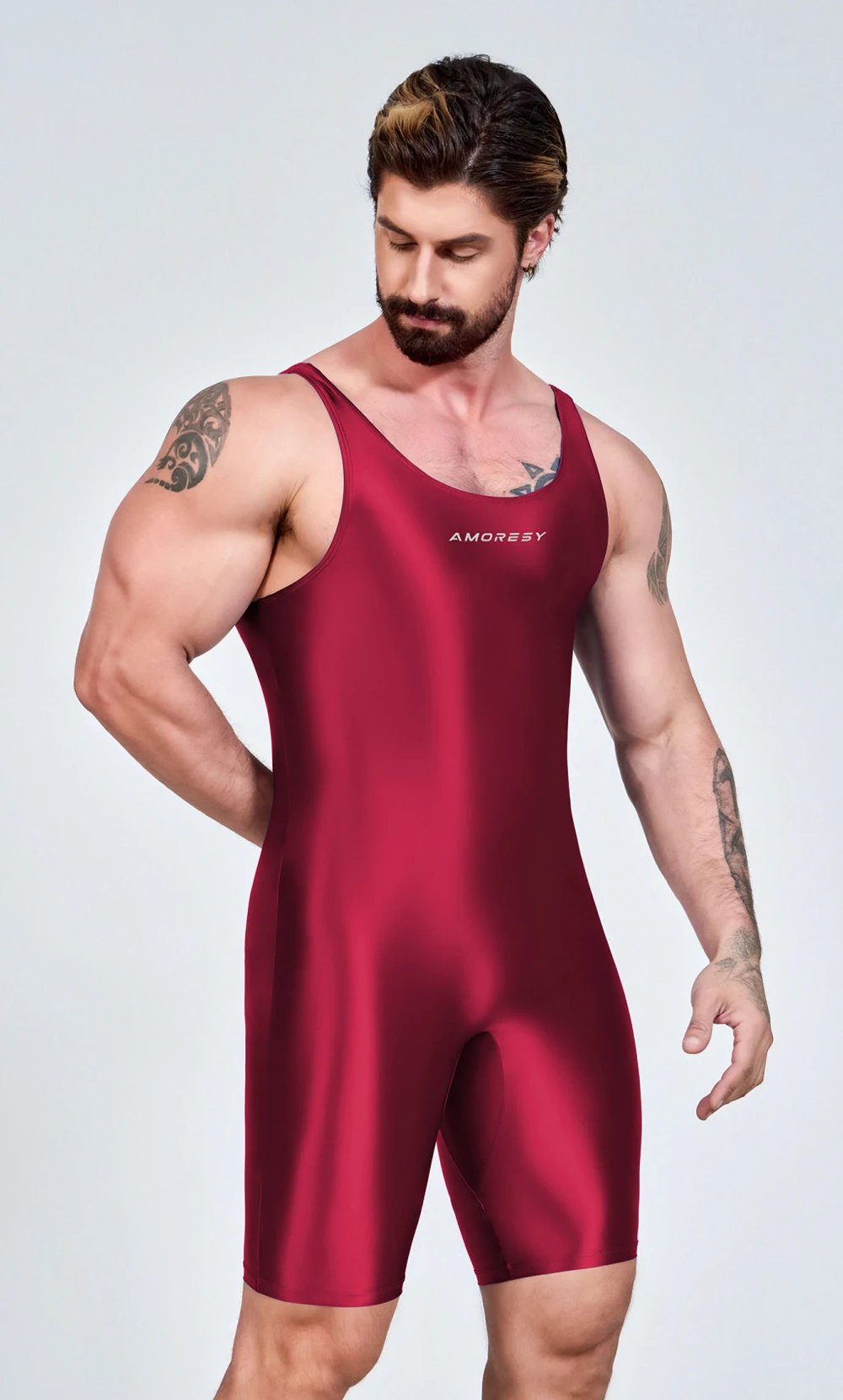 AMORESY Herren Sexy Glänzender, glatter Bodybuilder-Singlet, ärmellos, zum Laufen, Catsuits, Fitness, Yoga, Sport, Overall, Radfahren, einfarbig, eng anliegend – Detail 18