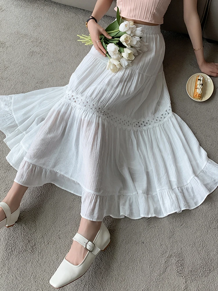 White Lace Long Skirt Women Korean Elegant Hollow Out Midi Skirt Female Fashion Patchwork Pleated High Waist A Line Skirt Ladies