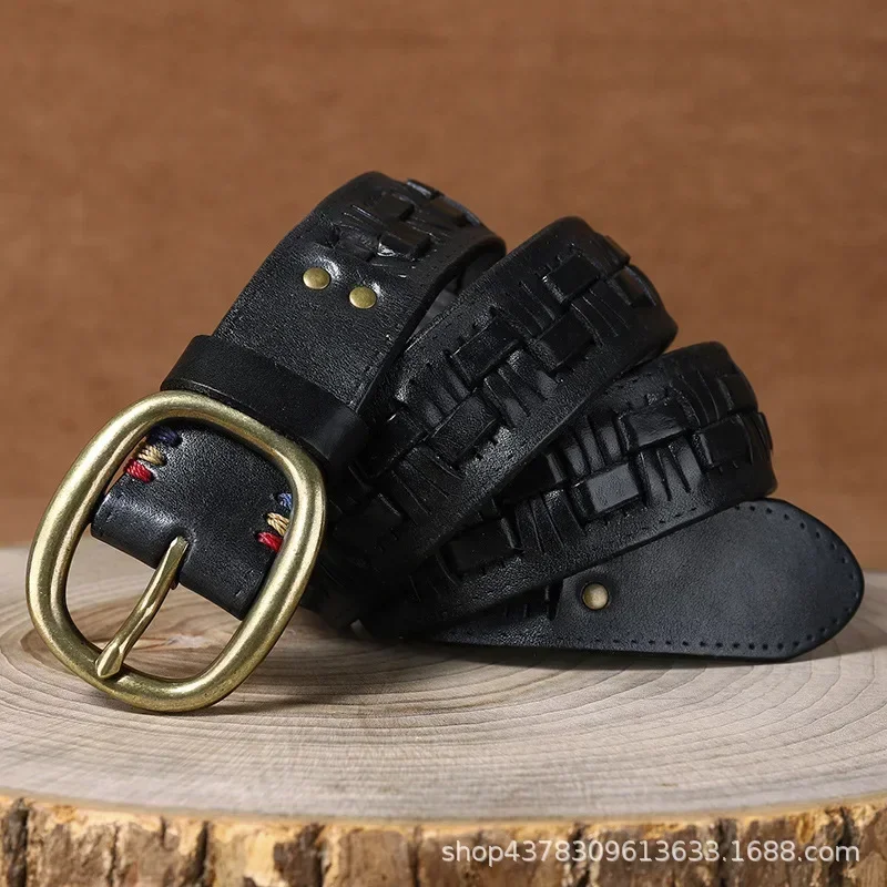 3,8 cm Herren reines Rindsleder Messing Nadel schnalle Gürtel Vintage Echt leder Weben erste Schicht hochwertige Jeans Gürtel Luxus
