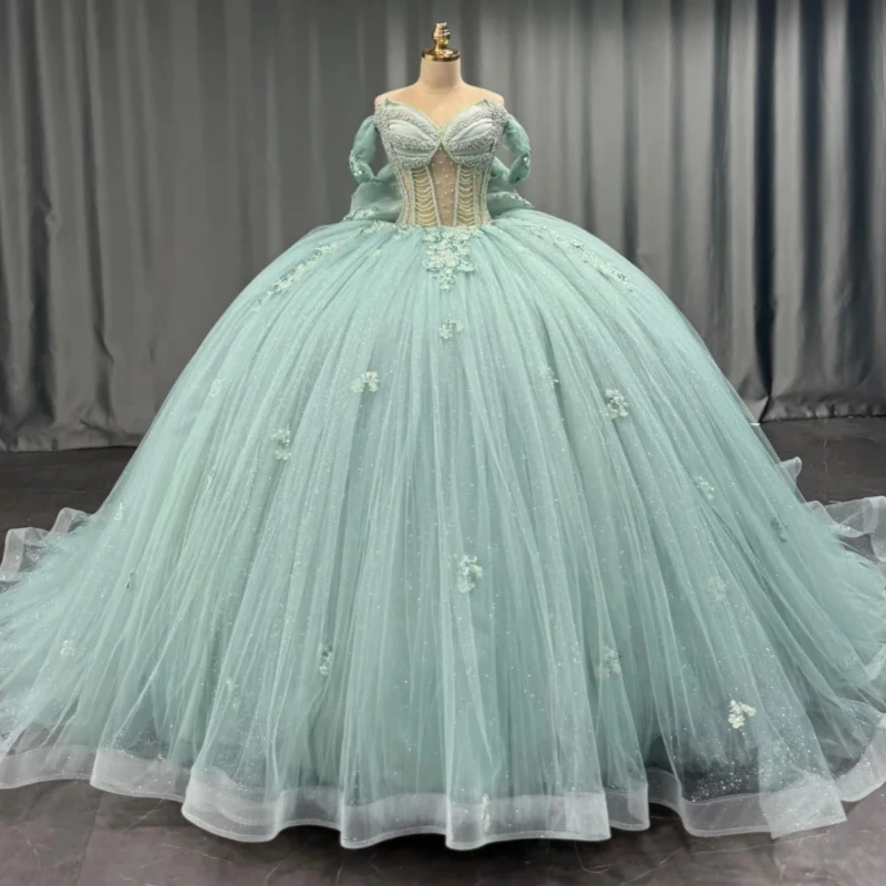 

Light Green Shiny Quinceanera Dresses Off The Shoulder Applique Lace Beading Crystal Bow Tull Corset Party Birthday Sweet 16