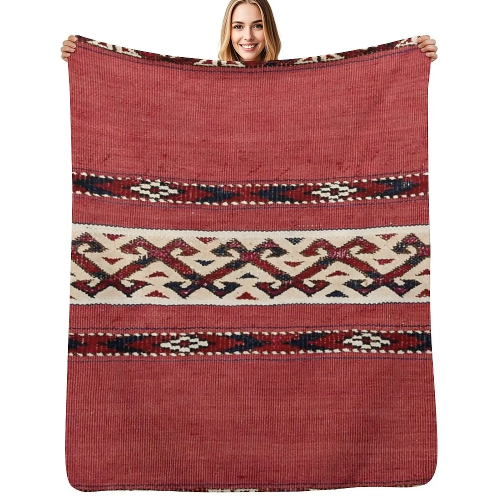 Triangle Stripe Kilim 19th Century Authentic Colorful Picture of a Red Black and White Rug Throw Blanket Furrys Blankets