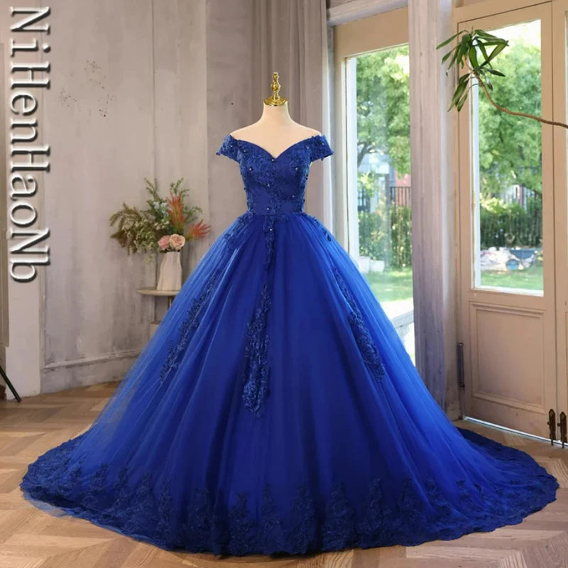 Sommer neue blaue Quince anera Kleider Luxus schulter frei Party kleid elegante Blume Ballkleid klassische Spitze Ballkleid plus Größe