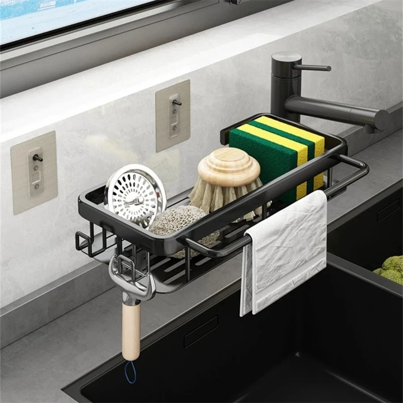 

Kitchen Rag Rack Adhesive Hole-free Wall-mounted Bathroom Storage Rack Shower Shelf Shelves Sink Sponge Drain Basket Organizer