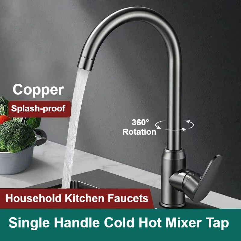 

Household Kitchen Mixer Faucet Single Handle Hot and Cold Mixing Tap Deck Mounted Copper Splash-proof Sink Basin Faucet