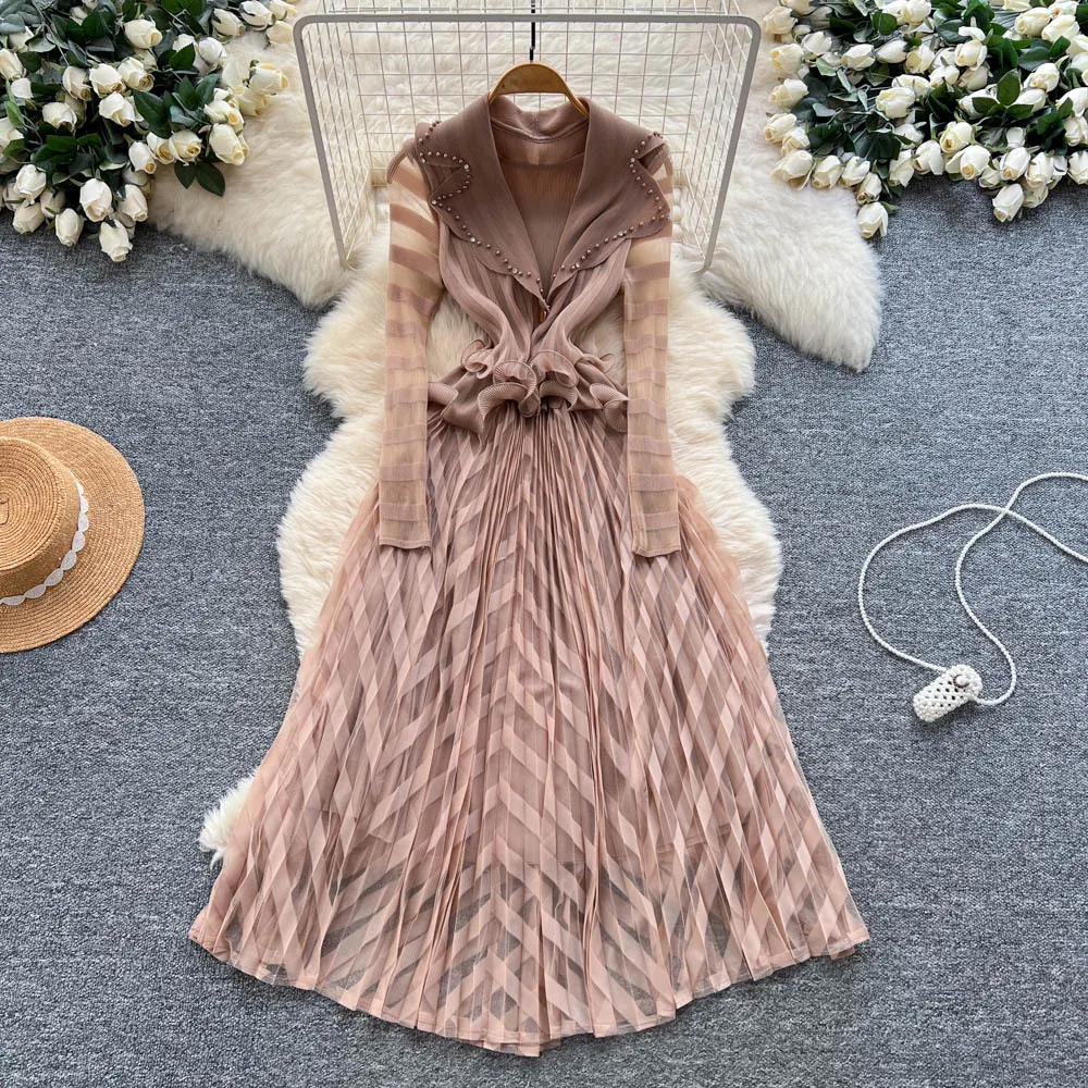 Miyake Fashion High-end Temperament Heavy Industry Beaded Suit Collar Long Sleeve Waist Ruffle Edge Splicing Mesh Dress Women