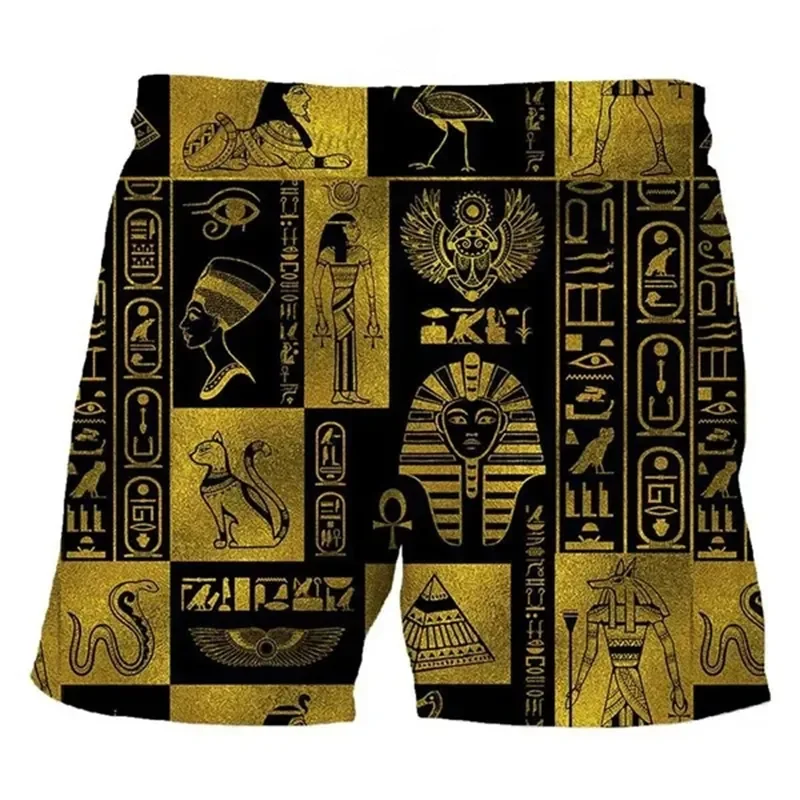 Egyptian Gold Hieroglyphs Symbols 3D Print Beach Shorts Men Women New Surfing Board Sport Pants Swimsuits Trunks Kids Clothing