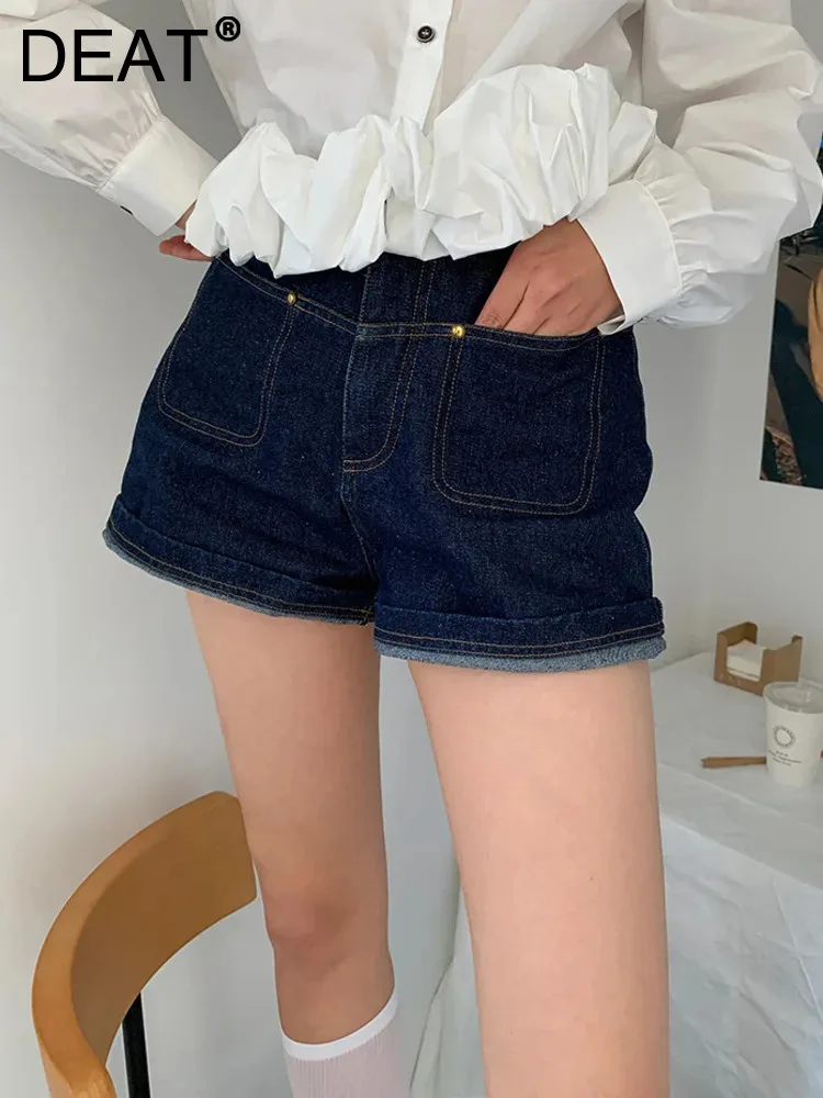 

DEAT Fashion Women's Denim Shorts High Waist Pockets Open Line Slim Cotton A-line Wide Leg Trouser Summer 2024 New Tide 7AB4054