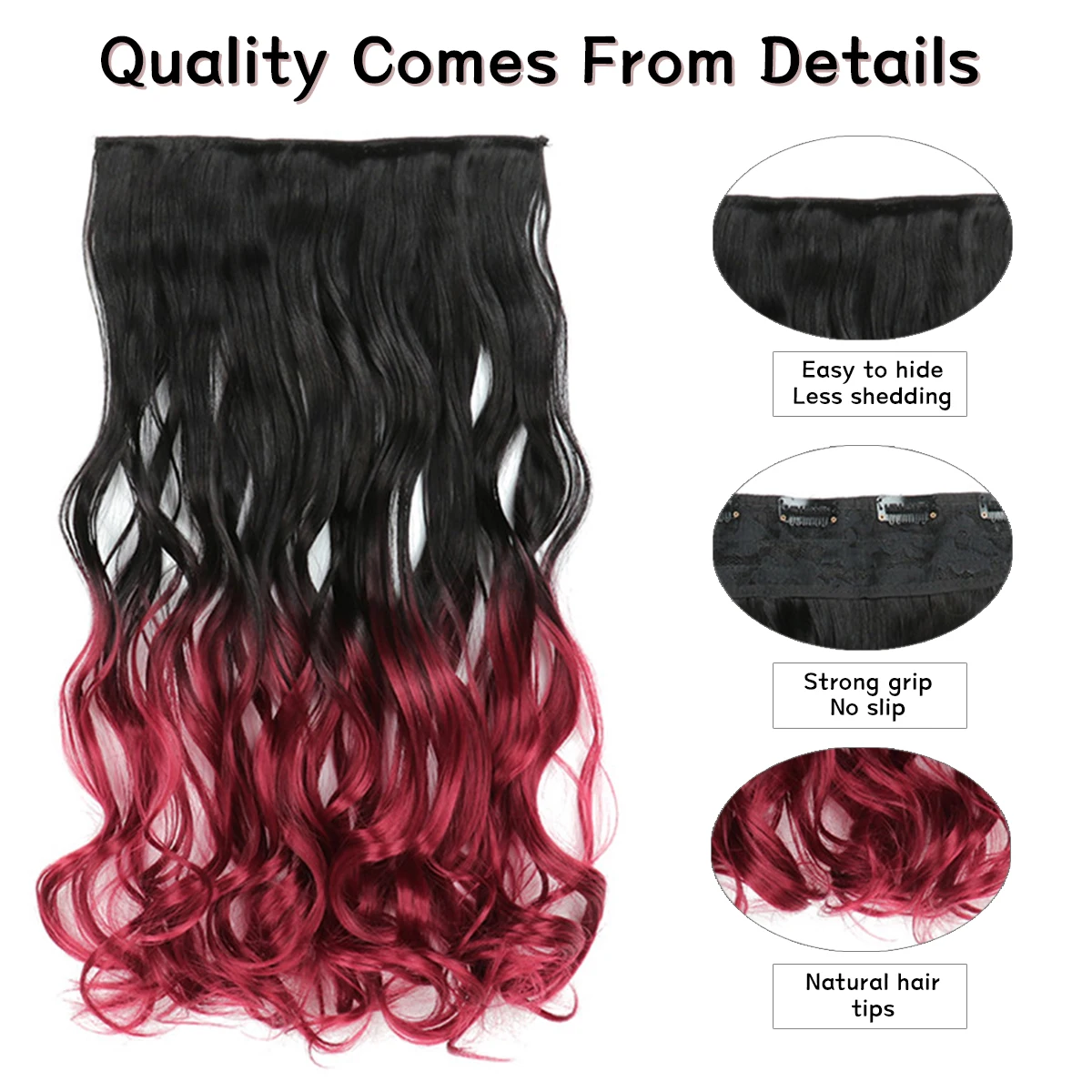 24 Cal Ombre Dip Dye długie kręcone włosy doczepiane Clip in, dwukolorowe grube na całą głowę syntetyczne treski (od czarnego do ciemno czerwony)