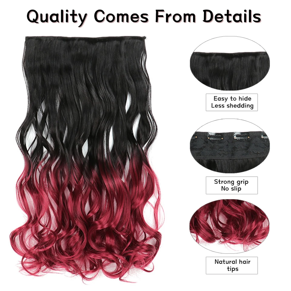 Extensión de cabello rizado largo con clips de 24 pulgadas, ombre de dos tonos, sintética gruesa (negro a rojo oscuro) 5
