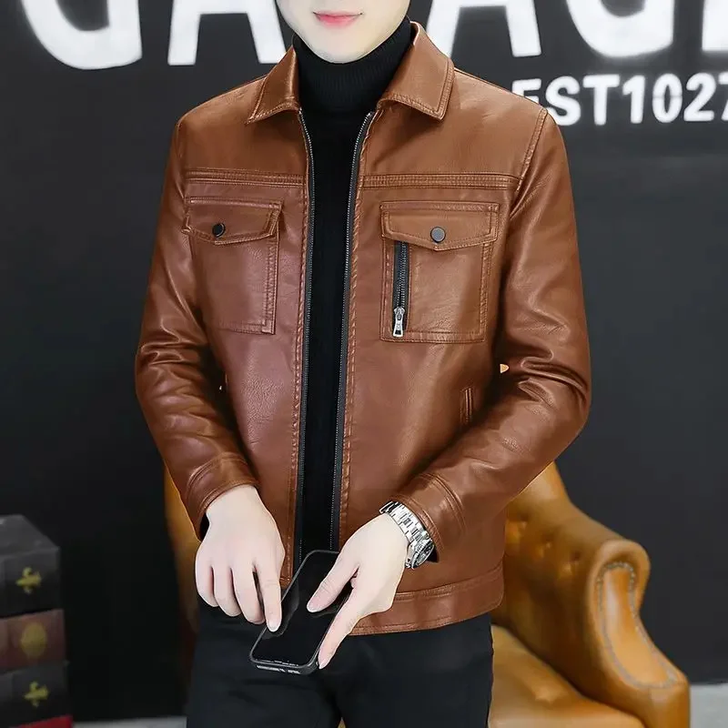 Male Fashion Slim-Fit Coat Winter Men Fleece-Lined Leather Jacket Casual Large Size 6xl Lapel Solid Color Zipper Outwear