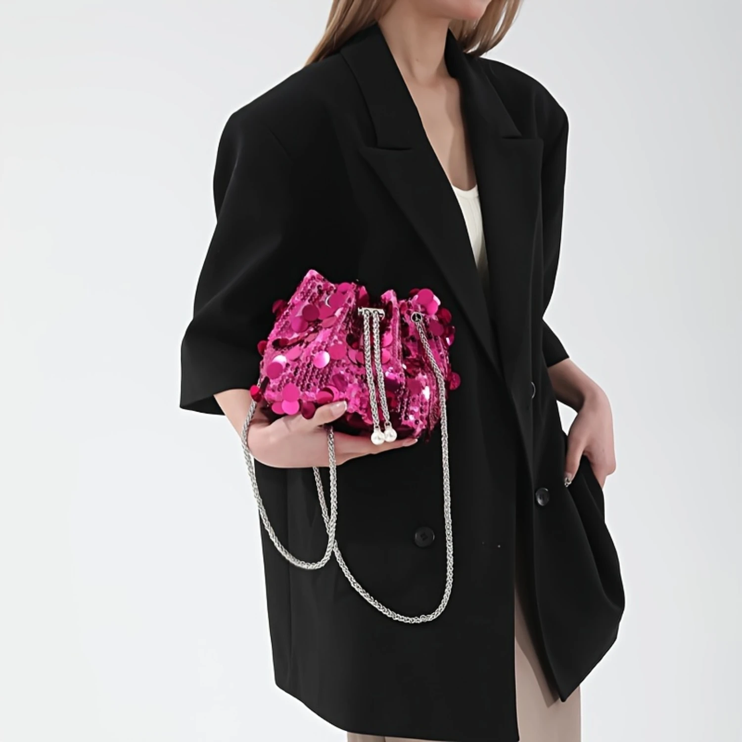 

Sequin Bucket Bag with Tassel Chain Strap for Party & Evening