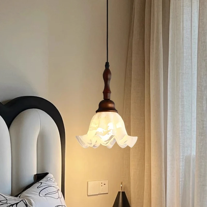 الفرنسية الأبيض ندفة الثلج نمط زهرة شكل الزجاج قلادة LED أضواء غرفة المعيشة غرفة نوم مطعم المطبخ مصابيح معلقة خشبية #2