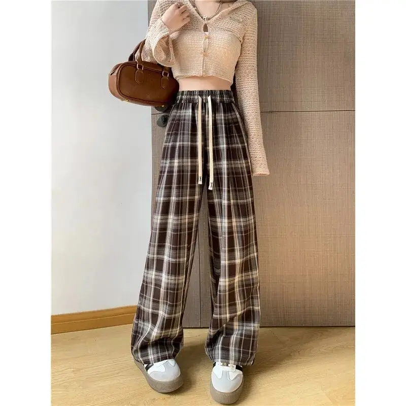 Spring Summer New Elastic Waist Fashion Wide Leg Trousers Women High Street Plaid Printing Pockets Patchwork Drawstring Pants