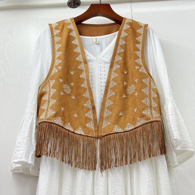 Women Tassels Vest 70s Hippie Faux Suedes Sleeveless Fringe Jackets Outwear Summer Hollow Open Front Cardigan Streetwear