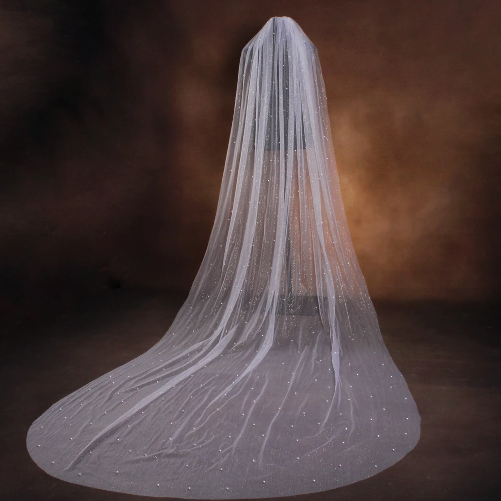 Sparking Wedding Veil for Bride Pearls Beaded Bridal Veils with Comb Cathedral Length Wedding Accessories for Bride VP125