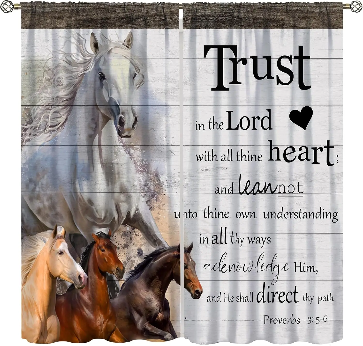 Farmhouse Horse Bible Verse Window Curtains, Multi Tone Steeds Proverbs Faith Quote Rustic White Wood Plank Drapes Cabin Decor