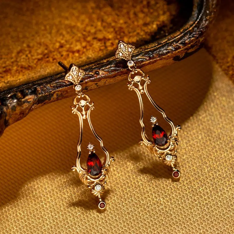 Vintage Victorian European Court Style 14K Gold Filled Geometrical Garnet Ruby Ear Drop Dangle Stainless Steel CZ Hanger Earring