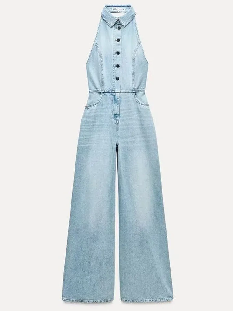 

2024 autumn new European and American style design halter neck versatile denim jumpsuit