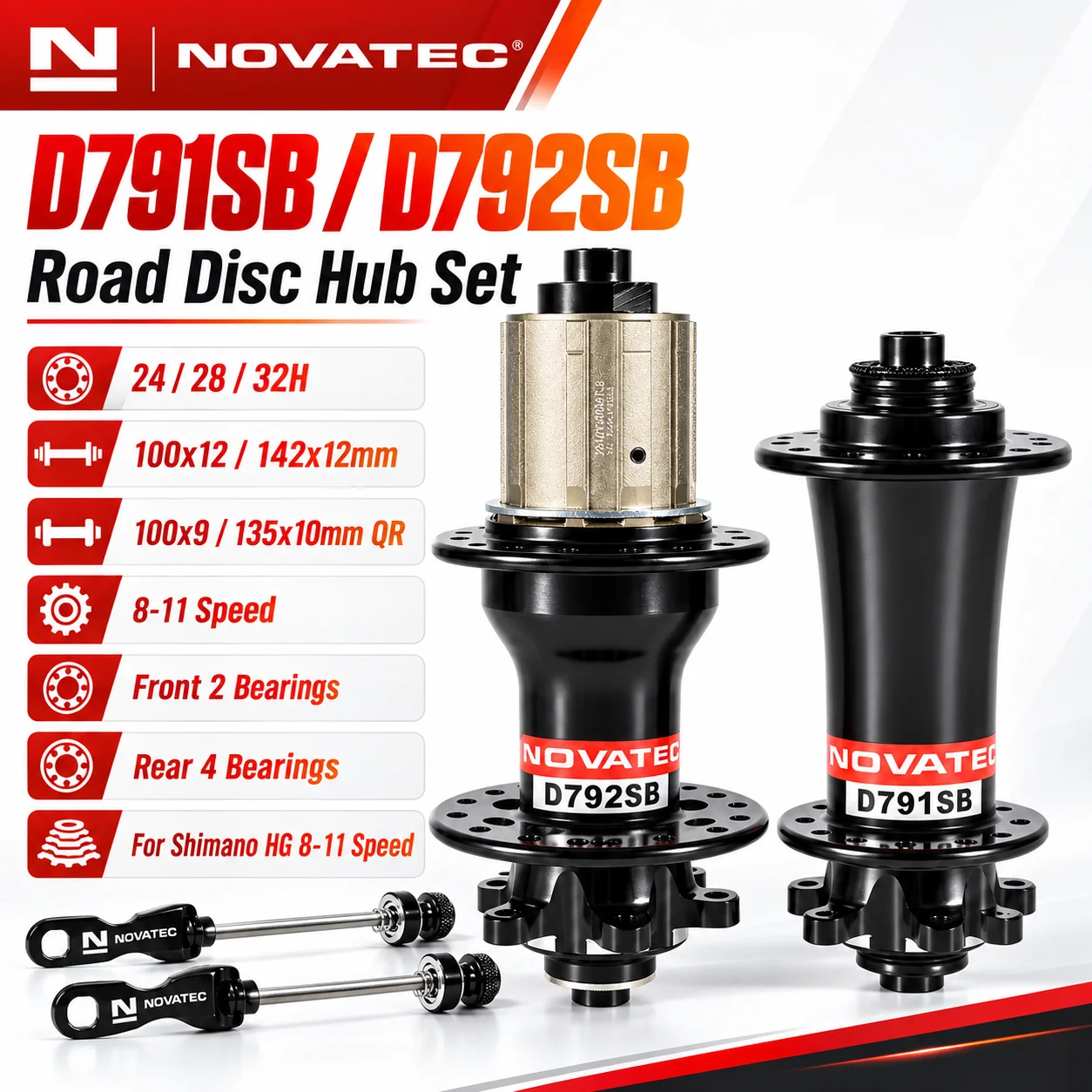 Novatec D791SB D792SB Road Bike Hub Set Disc Brake Front Rear Bicycle Hubs 24 28 32H 8-11 Speed Thru Axle QR