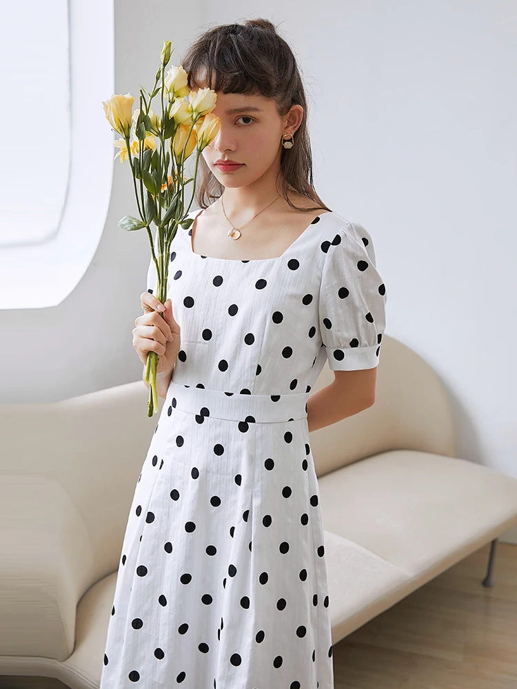 ZIQIAO Casual DressOffice Lady White Polka Dot Dress Female Summer 2021 New Hight Waist Thin White Polka Dot Fresh Dress