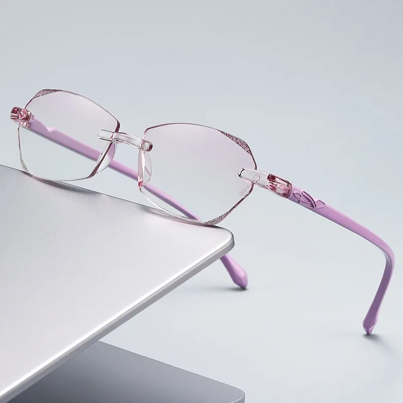 Fashion Anti-blue Light Glasses Women Frameless Diamond Cut Edge Presbyopia Eyeglasses Clear Lens Computer Reading Glasses