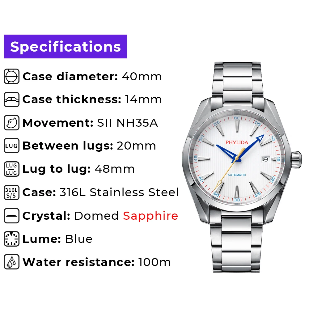 PHYLIDA 100m Men Automatic Watch Fashion Mechanical Wristwatch NH35A Stainless Steel WristWatch White AQUA Golf Edition