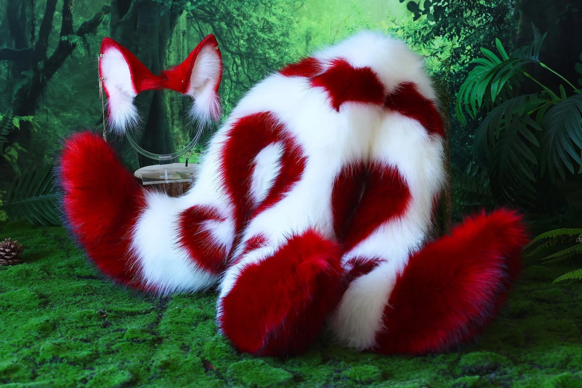 Cute red and white fox ears cosplay, curved wolf tail and ears, cat tail and ears, faux fur tail, Halloween accessories