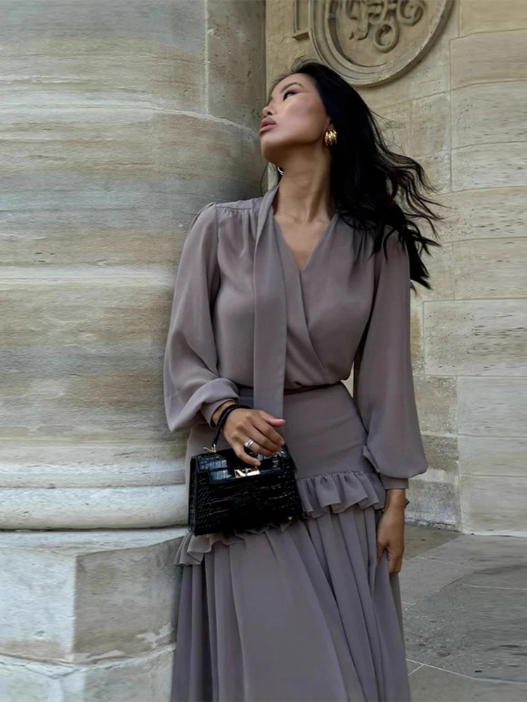 

Women's Chiffon Ruffled Shirts A-Line Skirts 2 Piece Set V Neck Lace-Up Long Sleeve Tops Buttock Cover Waist Skirt Sheer Outfits
