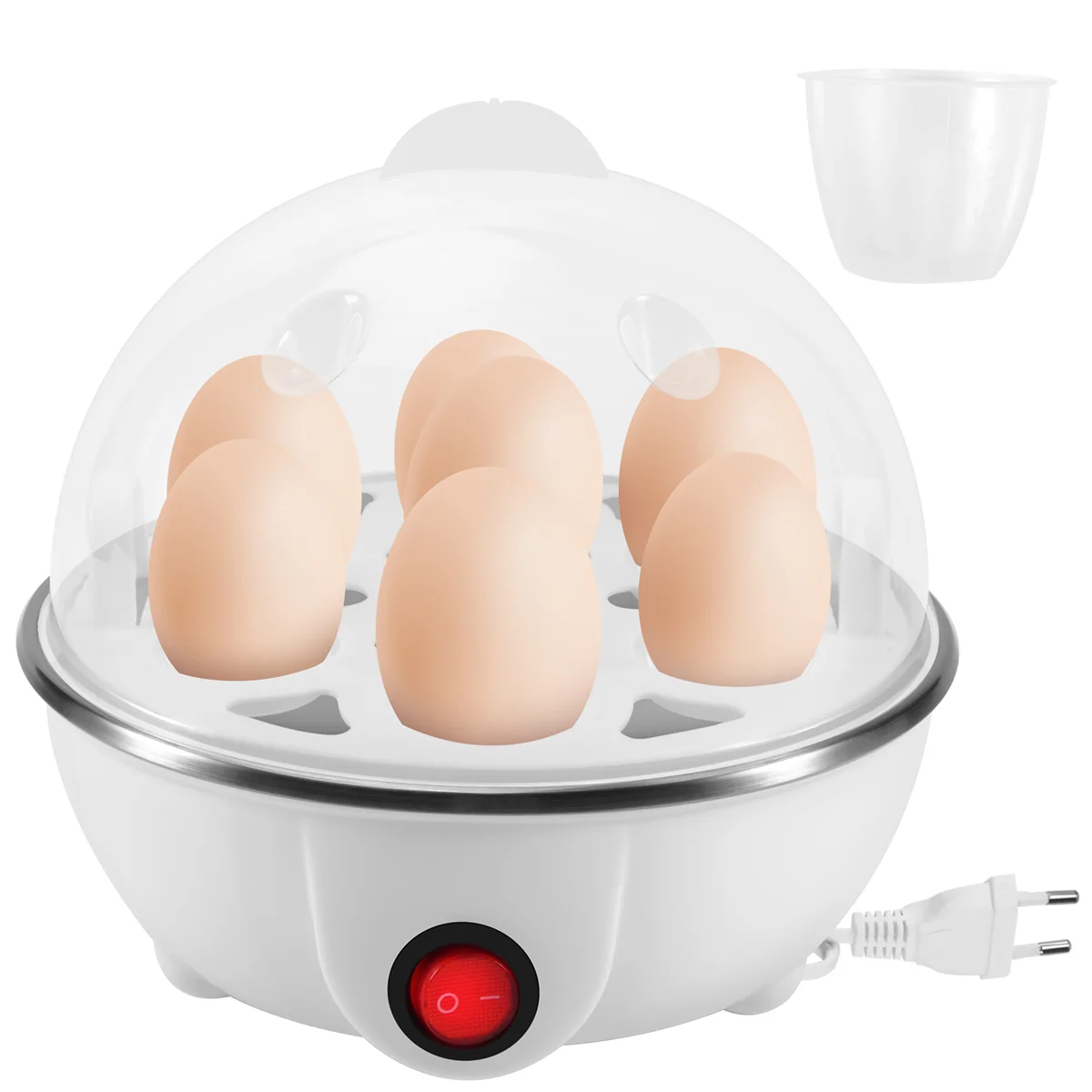 Olla eléctrica para huevos hervidos, caldera, calentamiento rápido, sartén para vaporera de acero inoxidable, herramienta de cocina, enchufe blanco de la UE