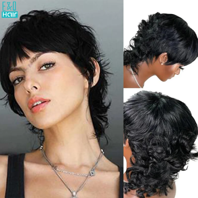 

Curly Bob Natural Black Colored Human Hair Wig Mullet Short Pixie Cut Wigs Full Machine Made With Bangs Brazilian Remy For Woman