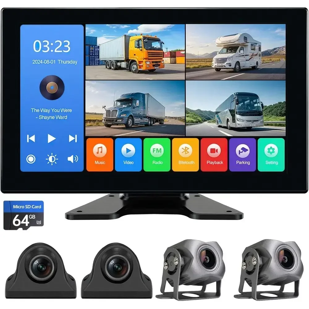 4-Channel 1080p Backup Camera Dash Cam with 10.2'' Screen, DVR Recording Back Up Cam for RV/Truck/Trailer/Van/SUV/Cars, Quad Spl