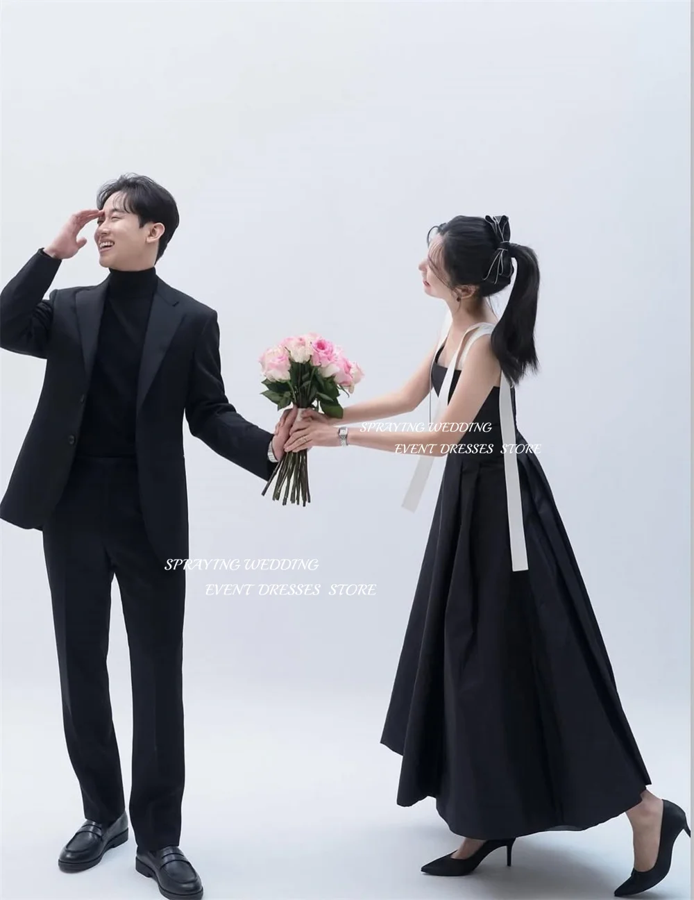 SPRAYING Elegant Taffeta Black Evening Dresses Korea Wedding Photo Shoot O Neck Strap A line Long Party Dress Corset Customized