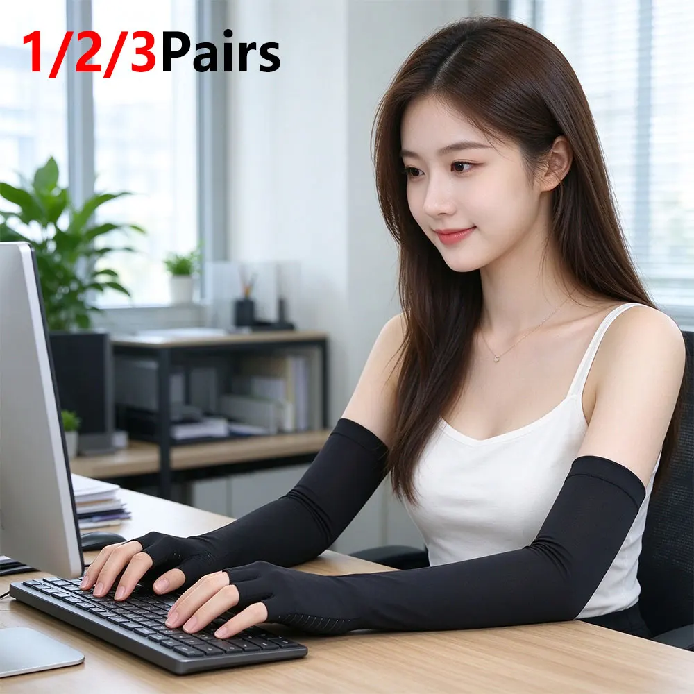 1/2/3Pairs Extra Long Copper Infused Compression Gloves,Fingerless Arm Support Sleeves,Breathable Anti-Odor Gloves for Arthritis