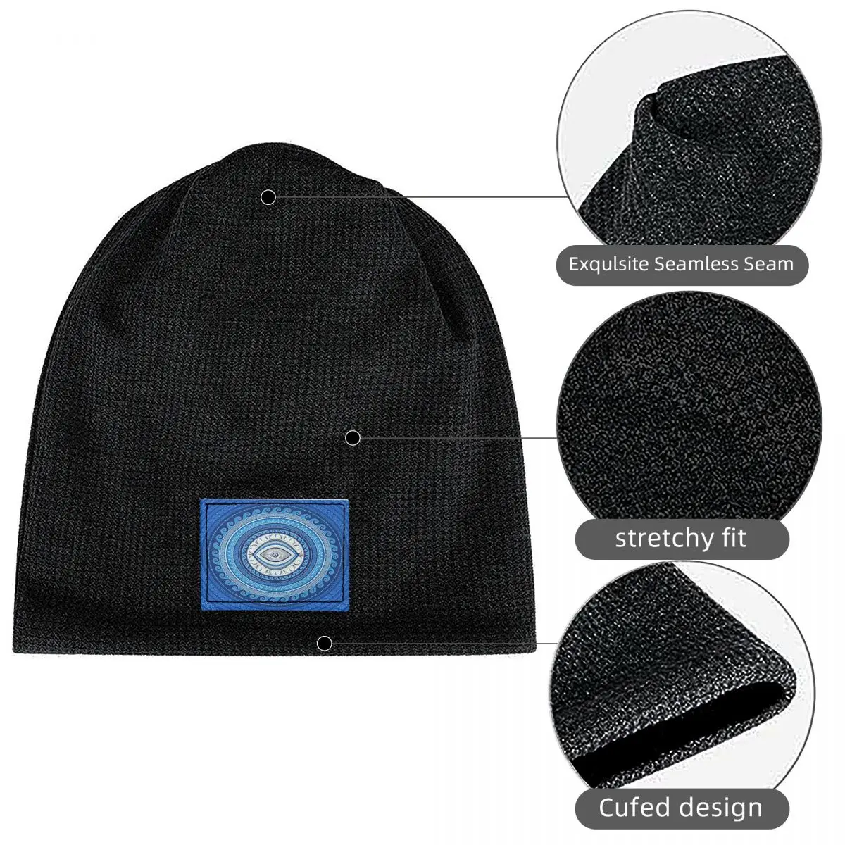 Greek Mati Mataki Greek Evil Eye Ornament Waffle Knit Fleece Lined Beanie with PU Leather Patch Unisex Warm Winter Soft Cap