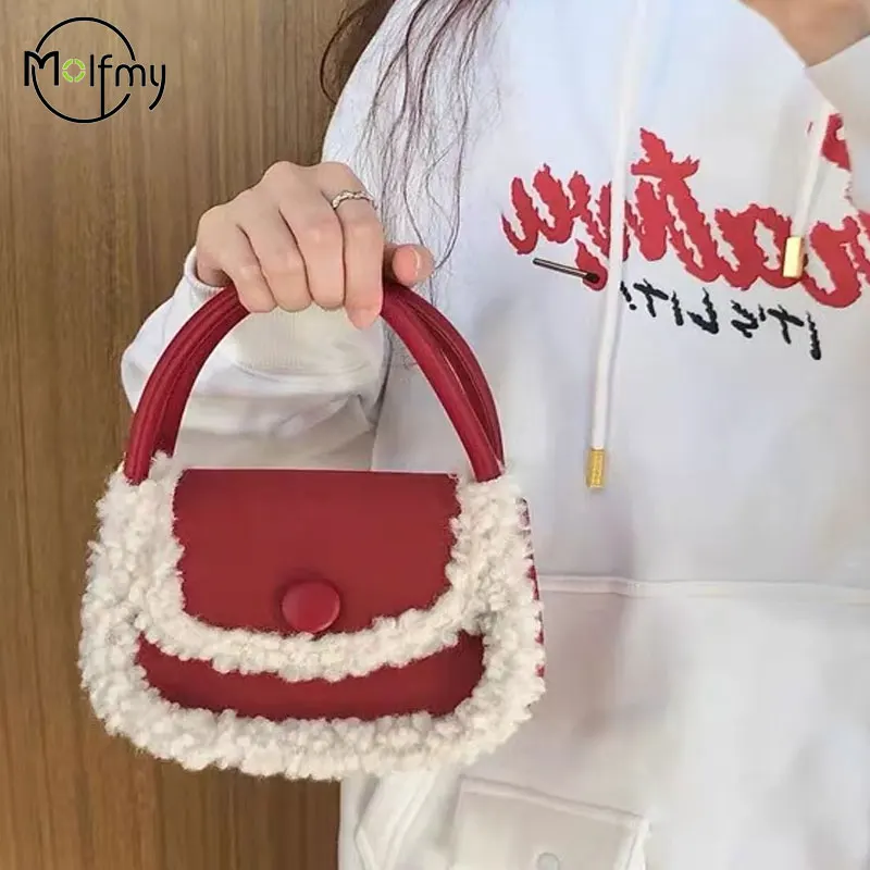 Faux Suede Portable Square Bag Small Bag Female Winter Lamb Wool Cross Body Handbag Splice Crossbody Bag Fashion Texture Handbag