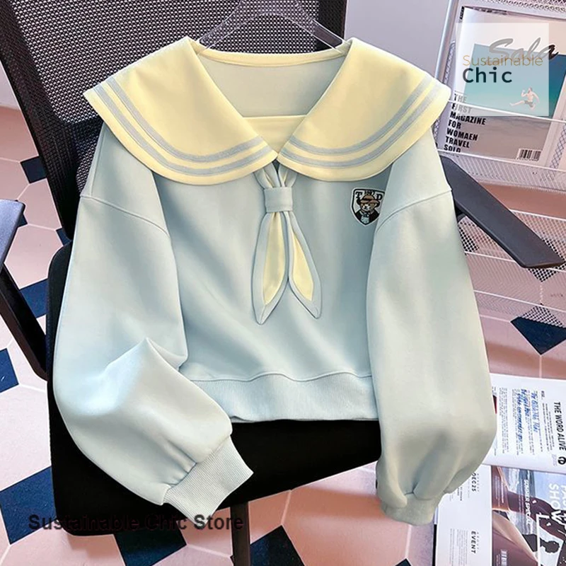 Korean style niche chic college style navy collar sweater women's summer new sweet and slim design Joker outer coat sweatshirt