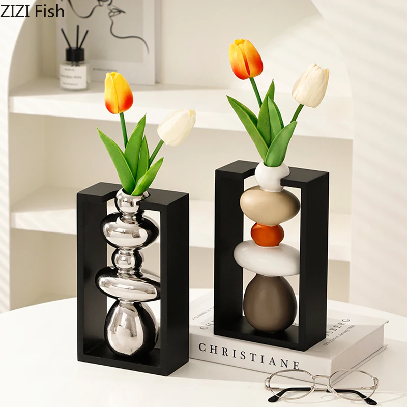 Colored Stone Shape Ceramic Vase Flower Pots Desk Decoration Ornaments Flowers Arrangement Floral Vases Room Aesthetic Decor