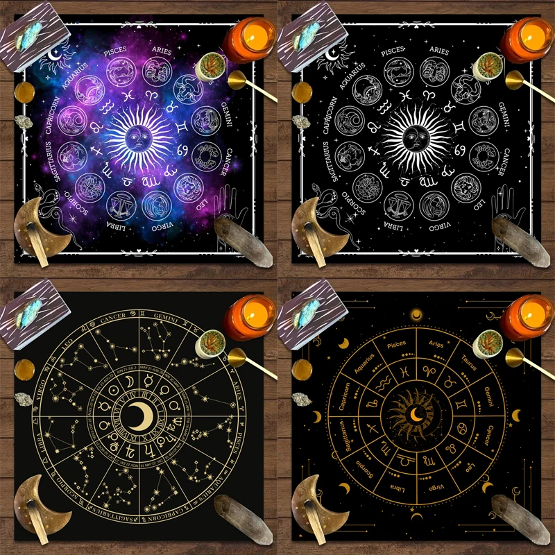 1pc Tarot Card Tablecloth Twelve Zodiac Astrology Witchcraft Card Board Game Decoration Table Mat Moon Phase Altar Cloth