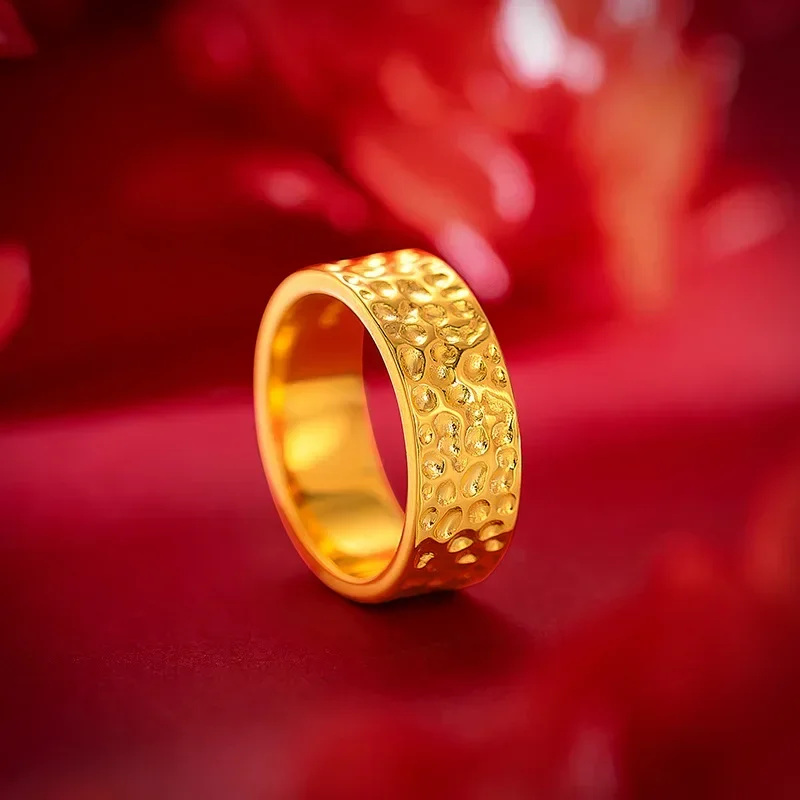 

9999 Real Gold 24K Gold Handmade Hammer Ring Male and Female Couples Personalized Wind Hammer Pattern Concave-convex Plain Ring