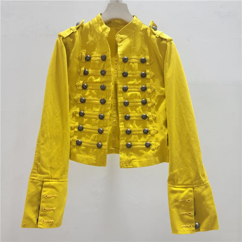 Military Style Multi Row Buckle Stand Collar Slim Denim Jacket New Spring Autumn All-match Full Sleeve Short Cardigans Coat