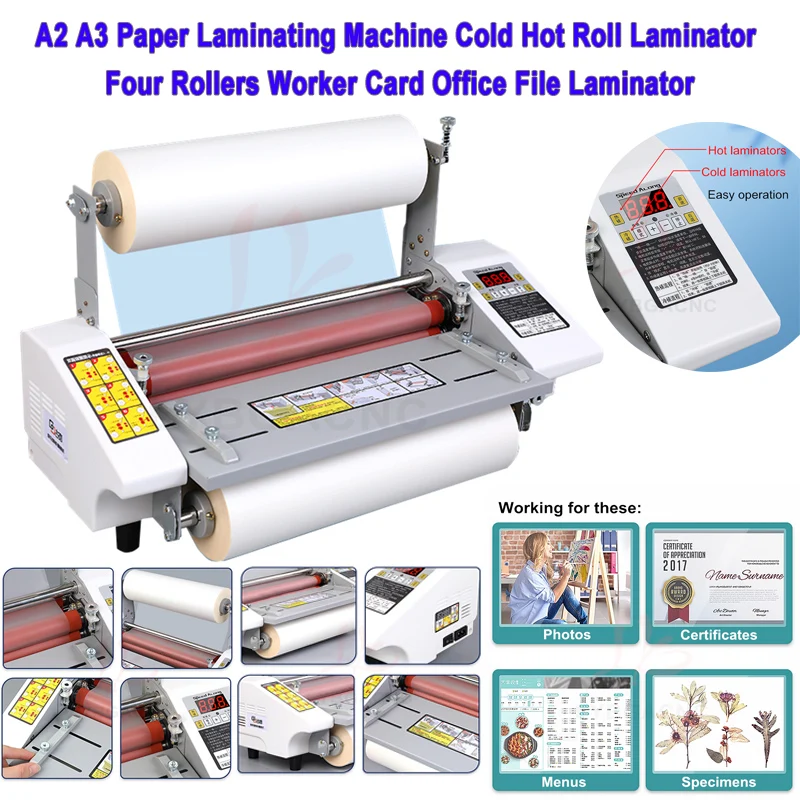 

Desktop A3 A2 Paper Laminating Machine English Version Four Roller Cold Hot Laminator Rolling Equipment For Film Photo 220V 110V