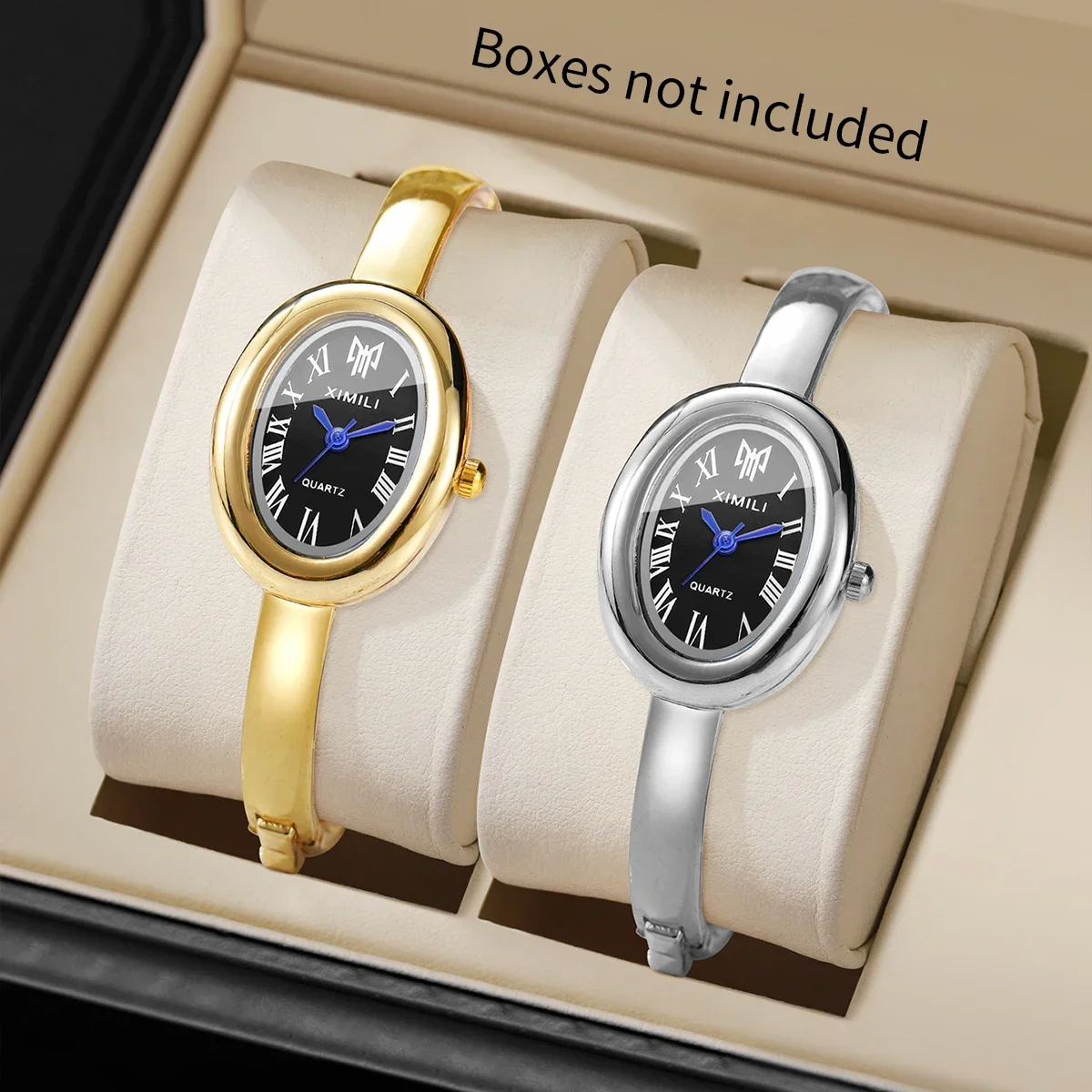 XIMILI Women's Oval Bangle Watch Gold Silver Tone Black Dial Roman Numeral Quartz Wristwatch Ladies Fashion Dress Watch 2 Colors